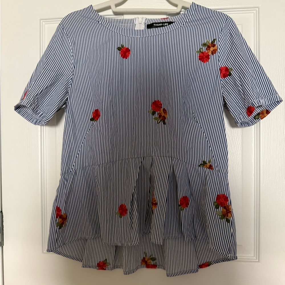 Sugarlips peplum top Navy and White Striped Blouse with embroidered flowers